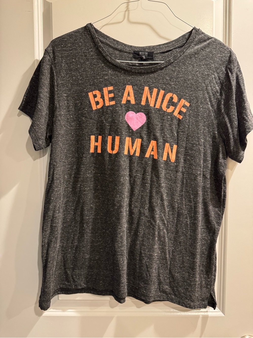 Be A Nice Human Short Sleeve Tee - Charcoal with Pink & Orange Print